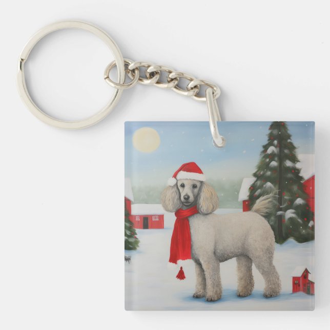 Poodle Dog in Snow Christmas Key Ring (Front)