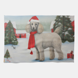 Poodle Dog in Snow Christmas Tea Towel