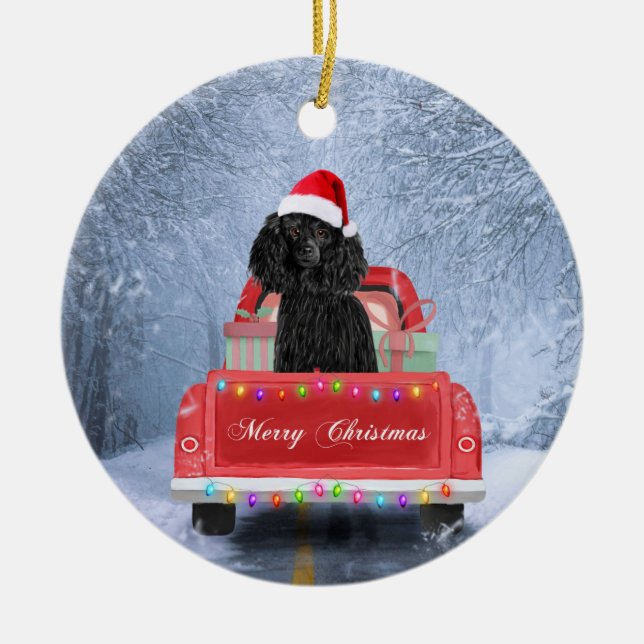 Poodle Dog in Snow sitting in Christmas Truck  Ceramic Ornament (Front)