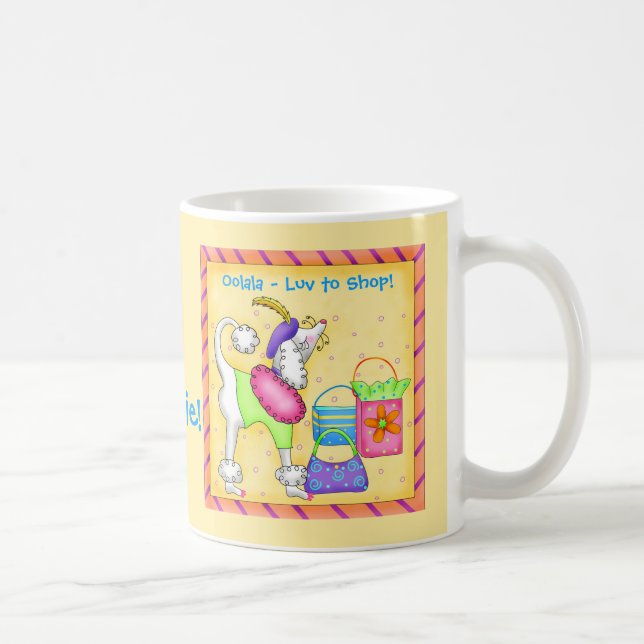 Poodle Dog Love To Shop Name Personalised Yellow Coffee Mug (Right)