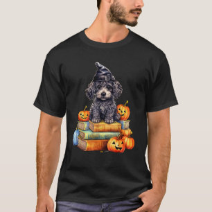 Poodle Dog On Book Pumpkin Fall Halloween Library  T-Shirt