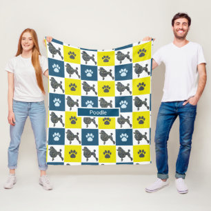 Poodle Dog & Paw Print Yellow Grid Silhouette Fleece Blanket