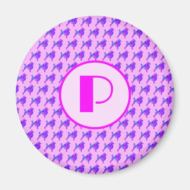 Poodle Dog Pink & Blue Silhouette Monogram Magnet (Front)