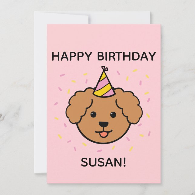 Poodle Dog | Pink & Yellow Birthday Flat Card (Front)