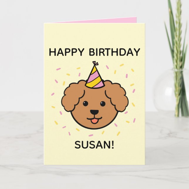 Poodle Dog | Pink & Yellow Birthday Folded Card (Front)