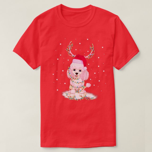 Poodle Dog Reindeer Costume Christmas Lights Match T-Shirt (Design Front)