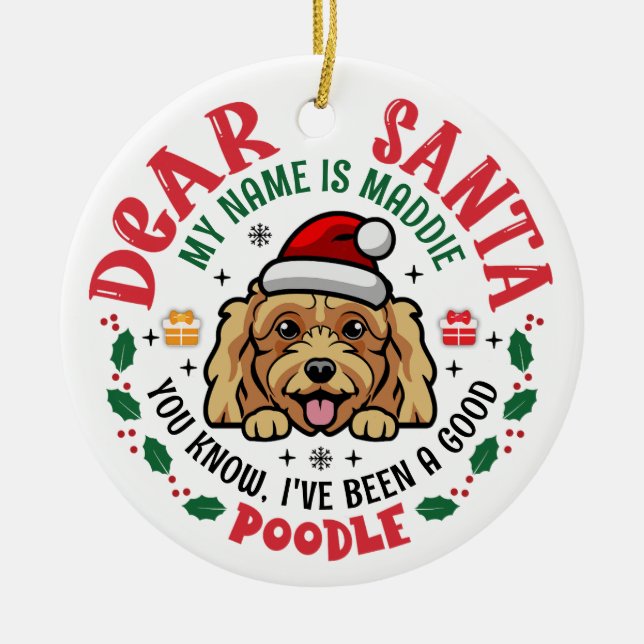 Poodle Dog Santa Personalised Christmas Tree Round Ceramic Ornament (Front)