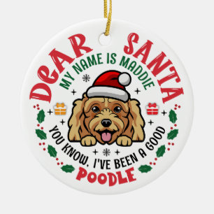 Poodle Dog Santa Personalized Christmas Tree Round Ceramic Ornament