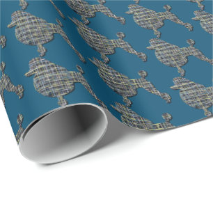 Poodle Dog Silhouette Yellow & Blue Grid Blue Wrapping Paper