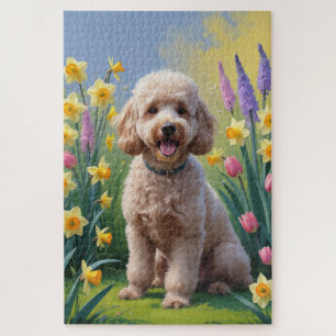 Poodle Dog Spring Flowers Painting Jigsaw Puzzle