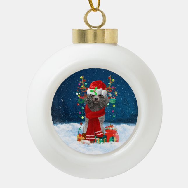Poodle dog with Christmas gifts Ceramic Ball Christmas Ornament (Front)