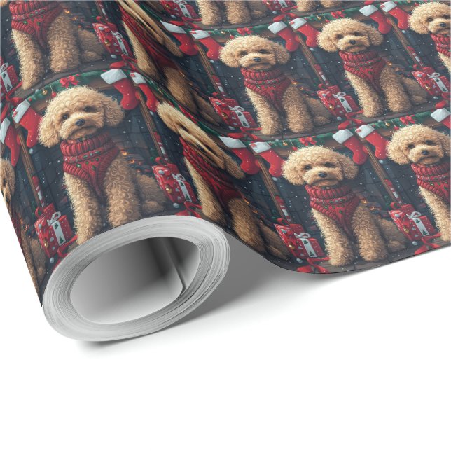 Poodle Dog With Christmas Gifts Fireplace Wrapping Paper (Roll Corner)