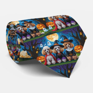 Poodle Dogs Pumpkin Halloween Funny Tie