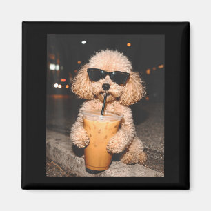 Poodle drinking iced coffee funny dog meme magnet