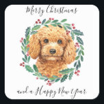 Poodle Elegant Dog Wreath Merry Christmas Square Sticker<br><div class="desc">Add the finishing touch to your holiday cards, gifts wrapping or party this holiday season with this elegant Merry Christmas poodle in a wreath design christmas stickers, and matching decor. This poodle holiday stickers features a watercolor dog in a green and red wreath with holly and berries. This poodle stickers...</div>