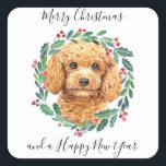 Poodle Elegant Dog Wreath Merry Christmas Square Sticker<br><div class="desc">Add the finishing touch to your holiday cards, gifts wrapping or party this holiday season with this elegant Merry Christmas poodle in a wreath design christmas stickers, and matching decor. This poodle holiday stickers features a watercolor dog in a green and red wreath with holly and berries. This poodle stickers...</div>