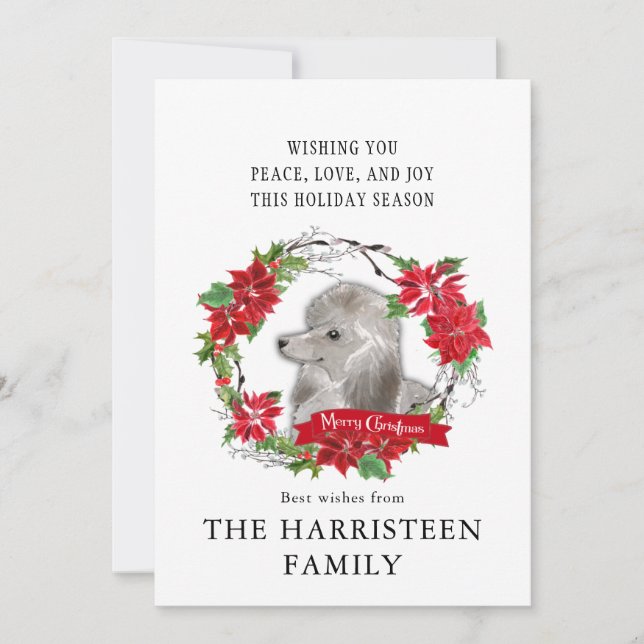 Poodle grey Watercolor Poinsettia Christmas Holiday Card (Front)
