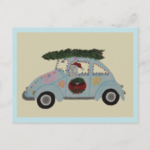 Poodle in Hippie Car at Christmas Postcard