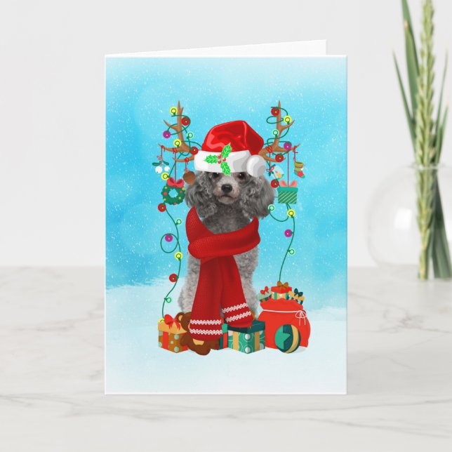 Poodle in snow with Christmas gifts  Card (Front)