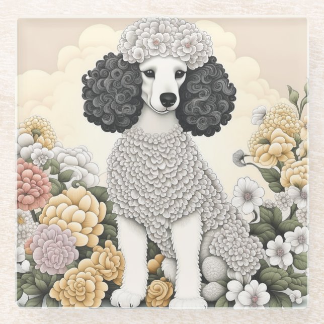 Poodle in Whimsical Flowers  Glass Coaster (Front)