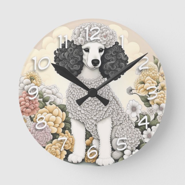 Poodle in Whimsical Flowers  Round Clock (Front)
