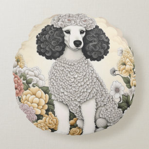 Poodle in Whimsical Flowers  Round Cushion