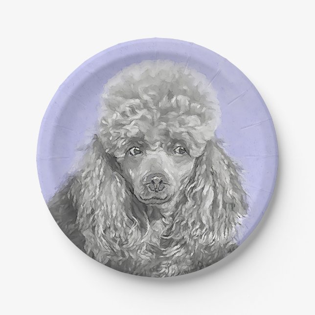 Poodle Miniature Toy Silver Grey Blue Dog Art Paper Plate (Front)