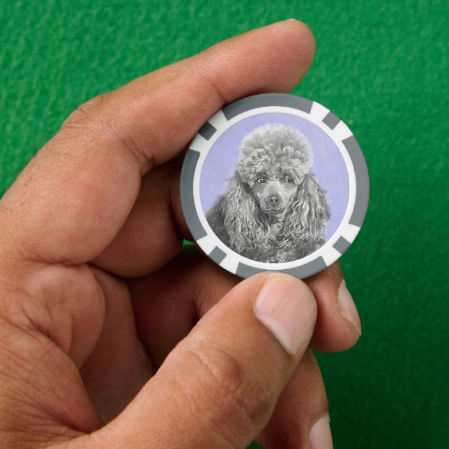 Poodle Miniature Toy Silver Grey Blue Dog Art Poker Chips (Hand)