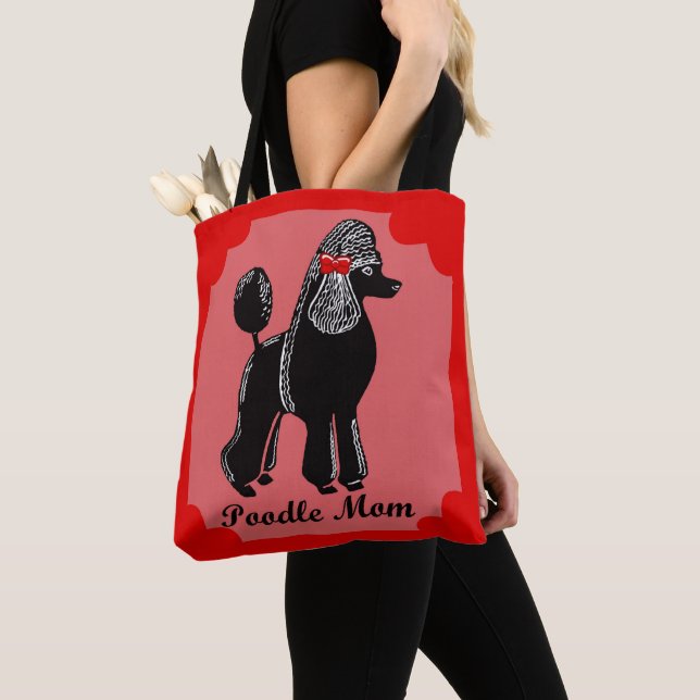 Poodle Mum Pink, Red, and Black Tote Bag (Close Up)