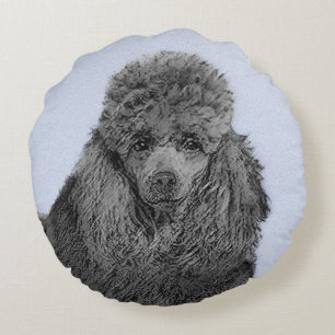 Poodle Painting Miniature Toy Black Original Art Round Cushion