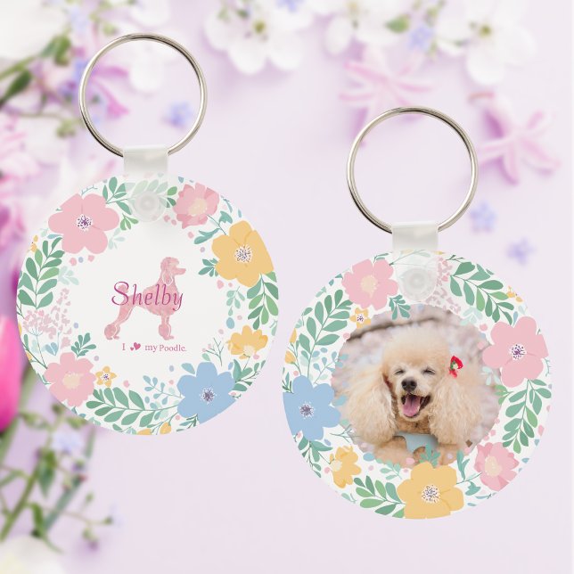 Poodle Pastel Pink Silhouette with Flower Wreath Key Ring (Creator Uploaded)