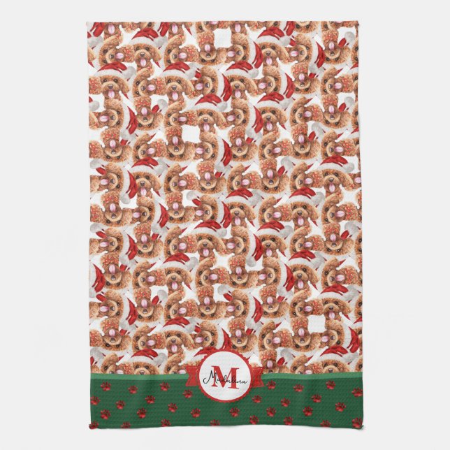 Poodle Pattern Monogram Christmas Dog Tea Towel (Vertical)