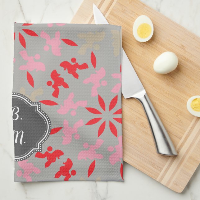 Poodle Pattern Monogramed Tea Towel (Quarter Fold)