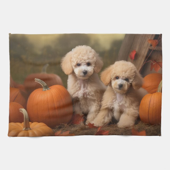 Poodle Puppy Autumn Delight Pumpkin Tea Towel (Horizontal)