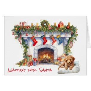 Poodle Puppy Waiting on Santa Christmas Fireplace