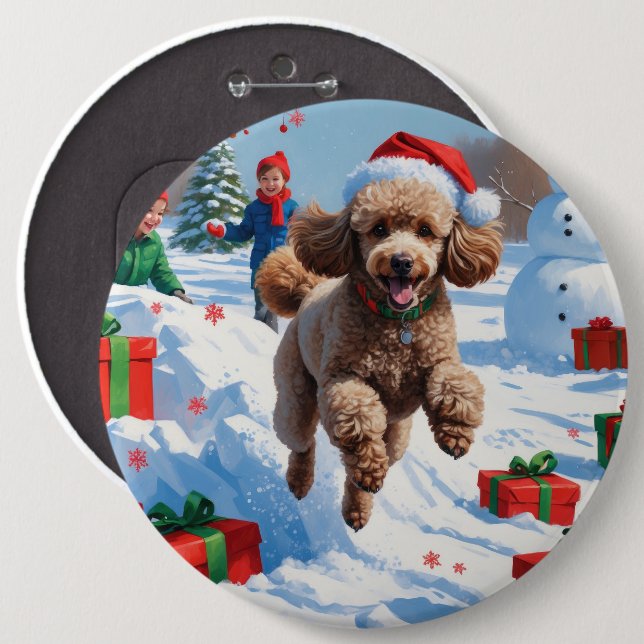 Poodle Running in Snow with Christmas Hat 6 Cm Round Badge (Front & Back)