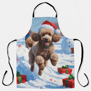 Poodle Running in Snow with Christmas Hat Apron