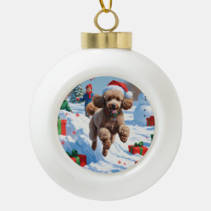 Poodle Running in Snow with Christmas Hat Ceramic Ball Christmas Ornament