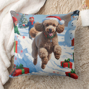 Poodle Running in Snow with Christmas Hat Cushion