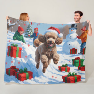 Poodle Running in Snow with Christmas Hat Fleece Blanket