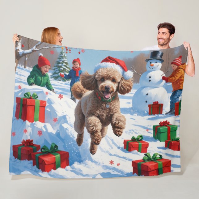Poodle Running in Snow with Christmas Hat Fleece Blanket (In Situ)