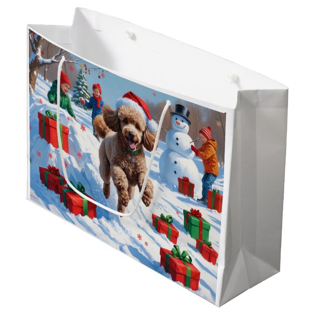 Poodle Running in Snow with Christmas Hat Large Gift Bag (Front Angled)