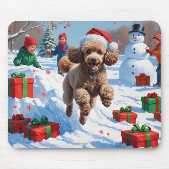 Poodle Running in Snow with Christmas Hat Mouse Pad (Front)