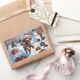 Poodle Running in Snow with Christmas Hat Rectangular Sticker
