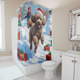 Poodle Running in Snow with Christmas Hat Shower Curtain