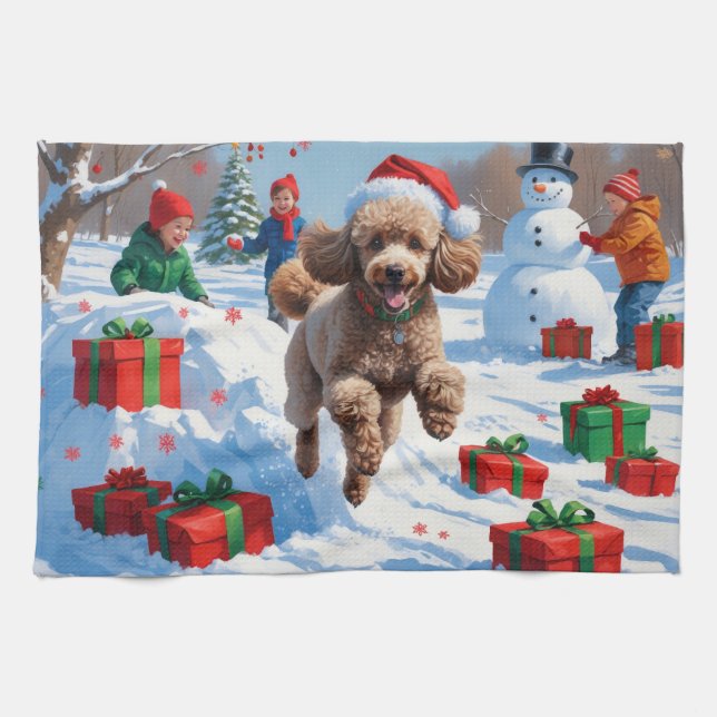 Poodle Running in Snow with Christmas Hat Tea Towel (Horizontal)