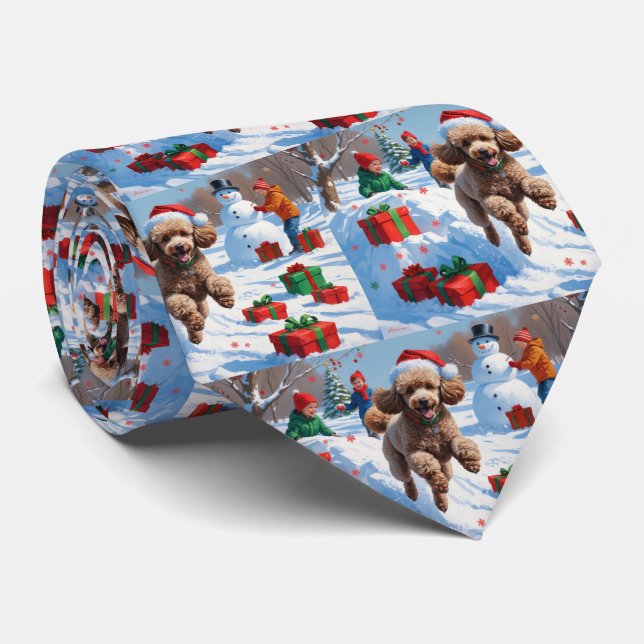 Poodle Running in Snow with Christmas Hat Tie (Rolled)