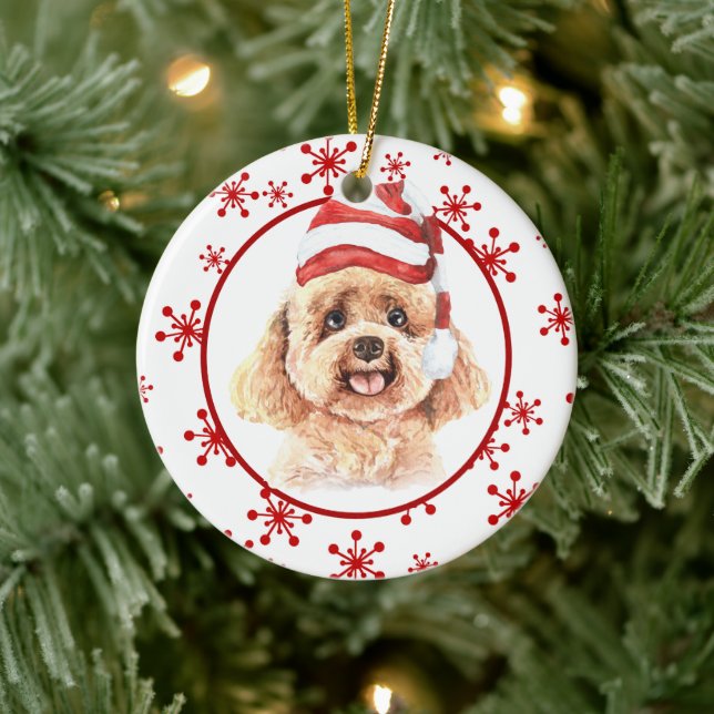 Poodle Santa Hat Red Snowflake Ceramic Ornament (Tree)