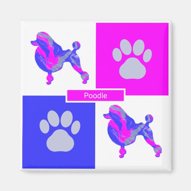 Poodle Silhouette Dog & Paw Pink and Blue Square Magnet (Front)