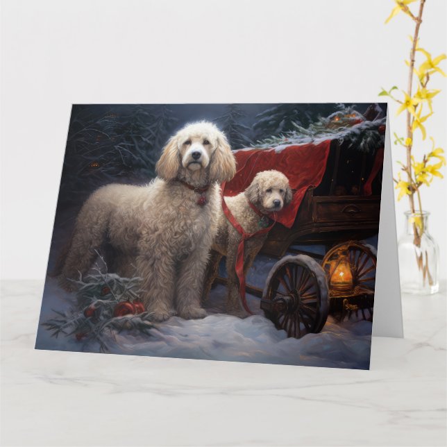 Poodle Snowy Sleigh Christmas Decor Card (Yellow Flower)
